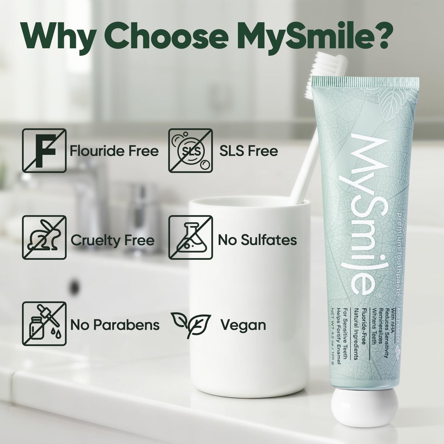 MySmile Fluoride Free Toothpaste with Nano Hydroxyapatite for Sensitive Teeth – Enamel Strength, Remineralization & Bright Teeth | Misty Mint 4.2oz