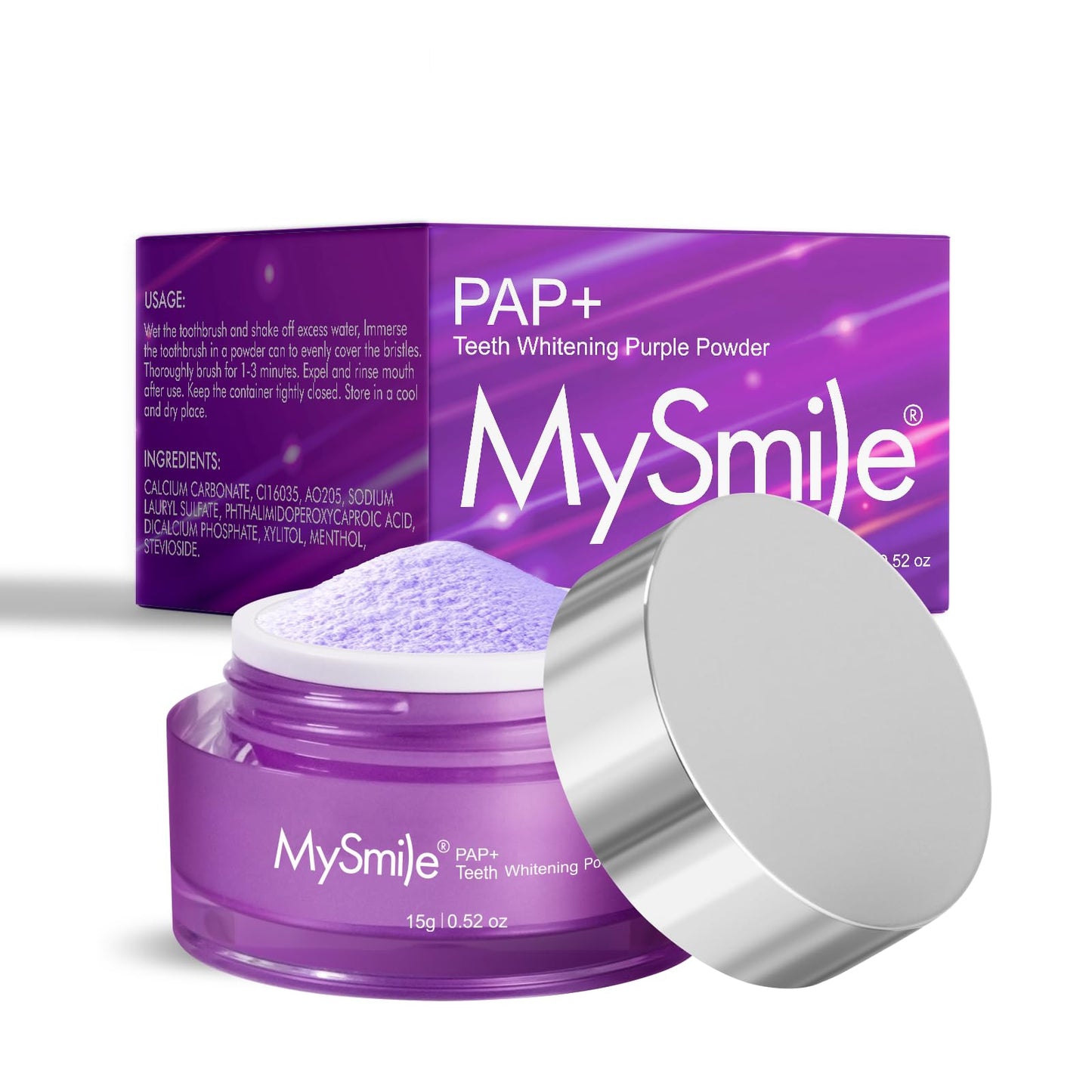 MySmile Pap Natural Mint Teeth Whitening Powder - Non-Sensitive, Fluoride Free 1.04 oz (Bright Purple)