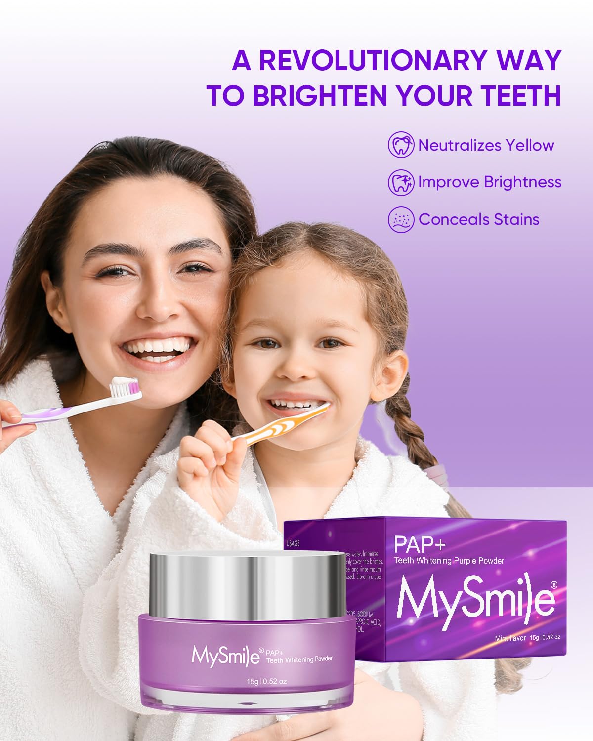 MySmile Pap Natural Mint Teeth Whitening Powder - Non-Sensitive, Fluoride Free 1.04 oz (Bright Purple)