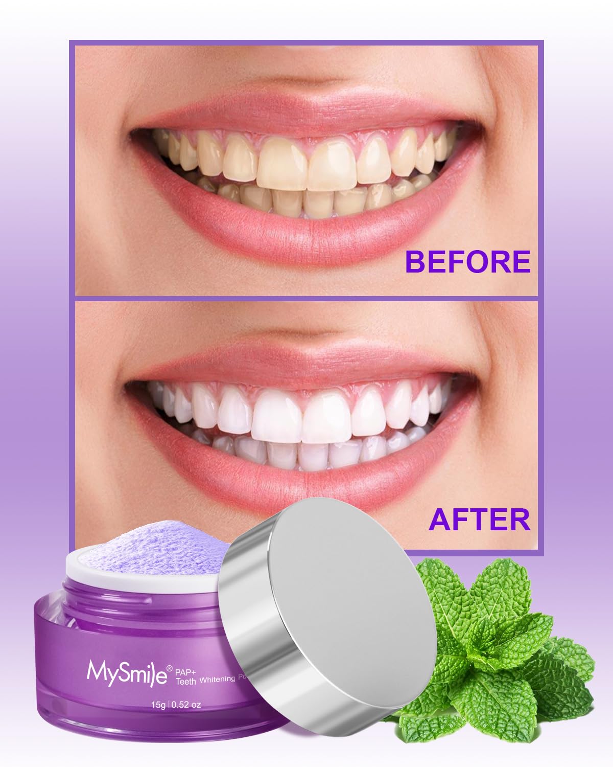 MySmile Pap Natural Mint Teeth Whitening Powder - Non-Sensitive, Fluoride Free 1.04 oz (Bright Purple)