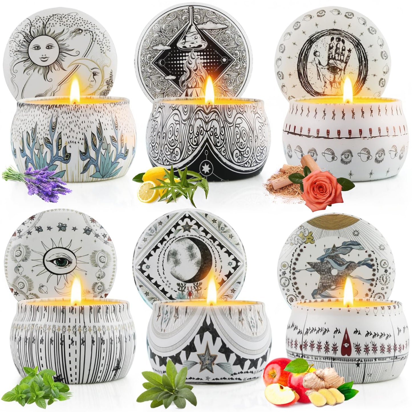 Mystical Scented Candle Gift Set – 6 Large 5.5 oz Celestial Jars with Zodiac Designs