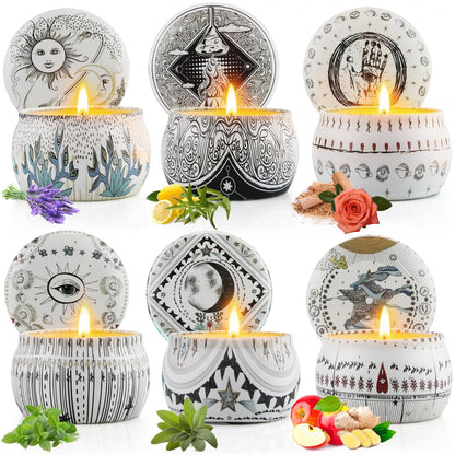 Mystical Scented Candle Gift Set – 6 Large 5.5 oz Celestial Jars with Zodiac Designs