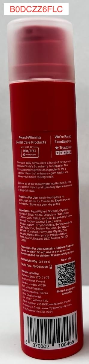 MySweetSmile Strawberry Toothpaste – Strengthen Enamel & Prevent Cavities | Dentist-Approved & IndyBest Award-Winning