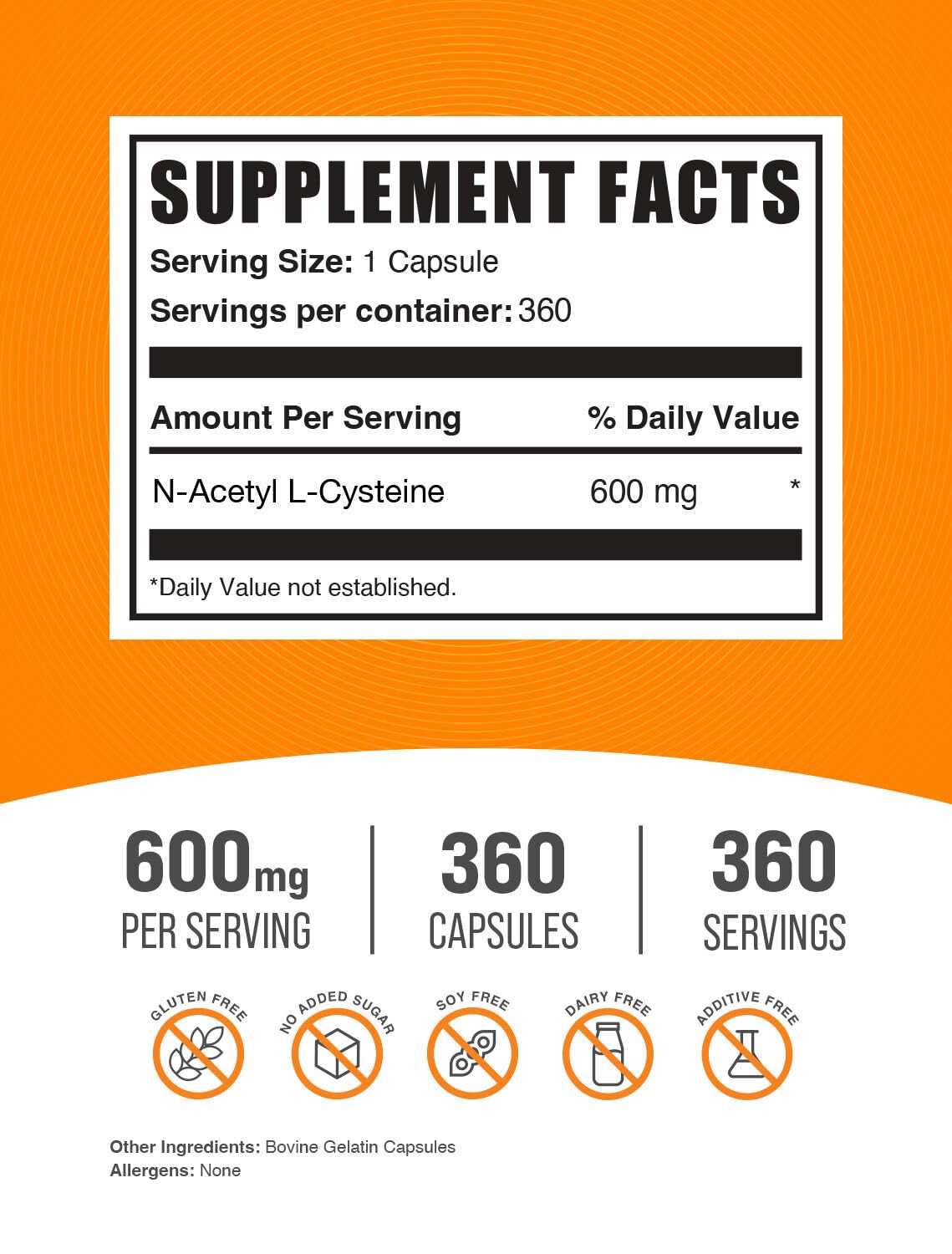 N-Acetyl L-Cysteine 600mg Capsules – NAC Supplement, Gluten Free, 360 Count | BulkSupplements
