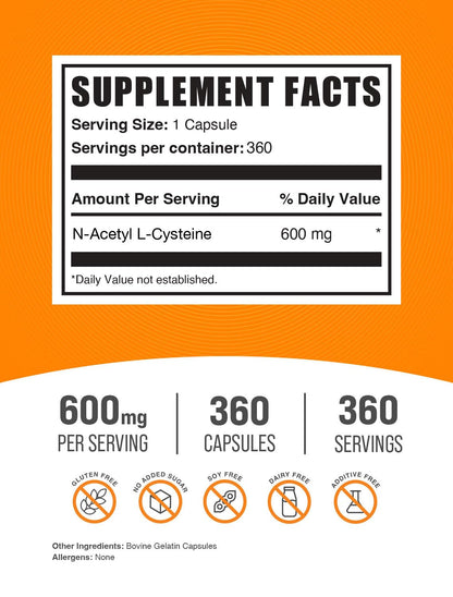 N-Acetyl L-Cysteine 600mg Capsules – NAC Supplement, Gluten Free, 360 Count | BulkSupplements