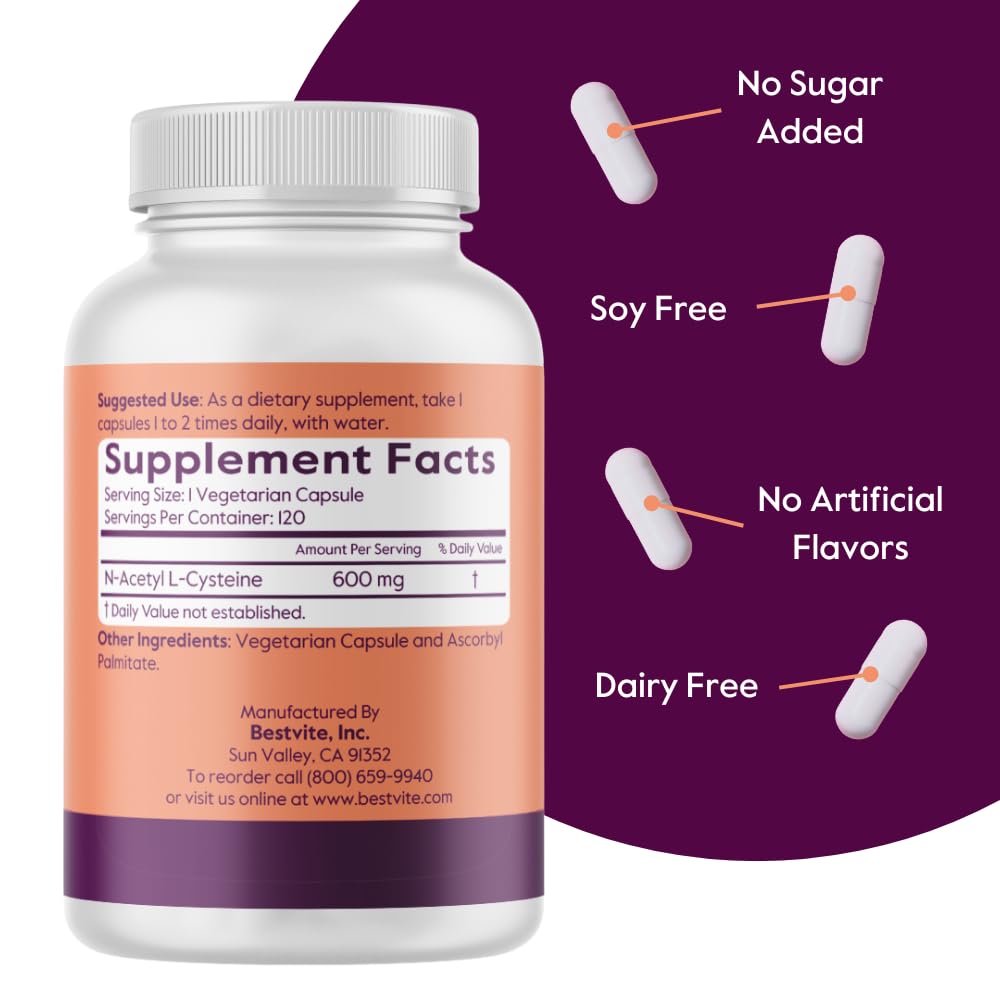 N-Acetyl L-Cysteine 600mg NAC – 120 Veg Capsules (Vegan, Gluten Free, Non-GMO)