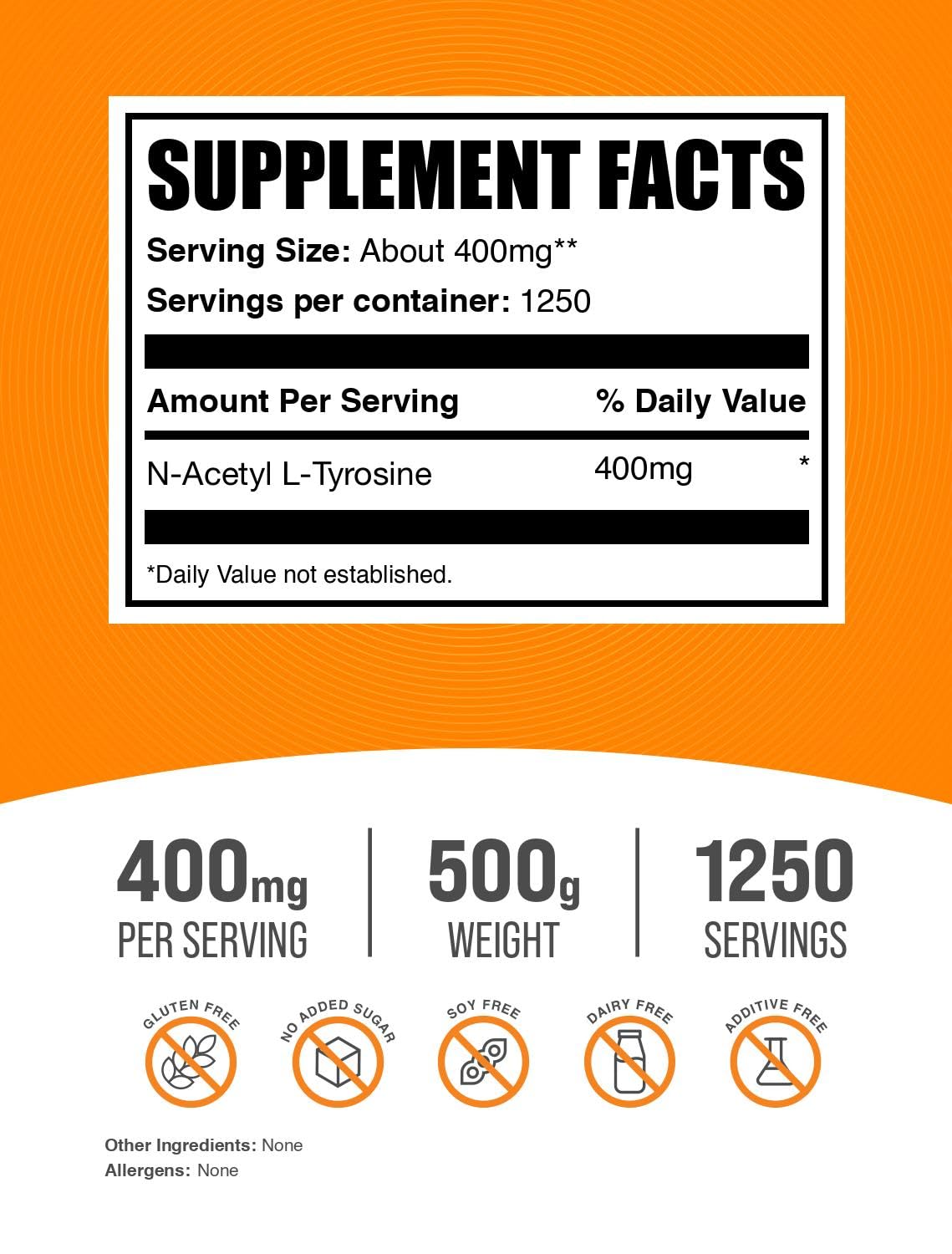 N-Acetyl L-Tyrosine Powder 500g – 400 mg per Serving – Unflavored & Gluten Free | BulkSupplements