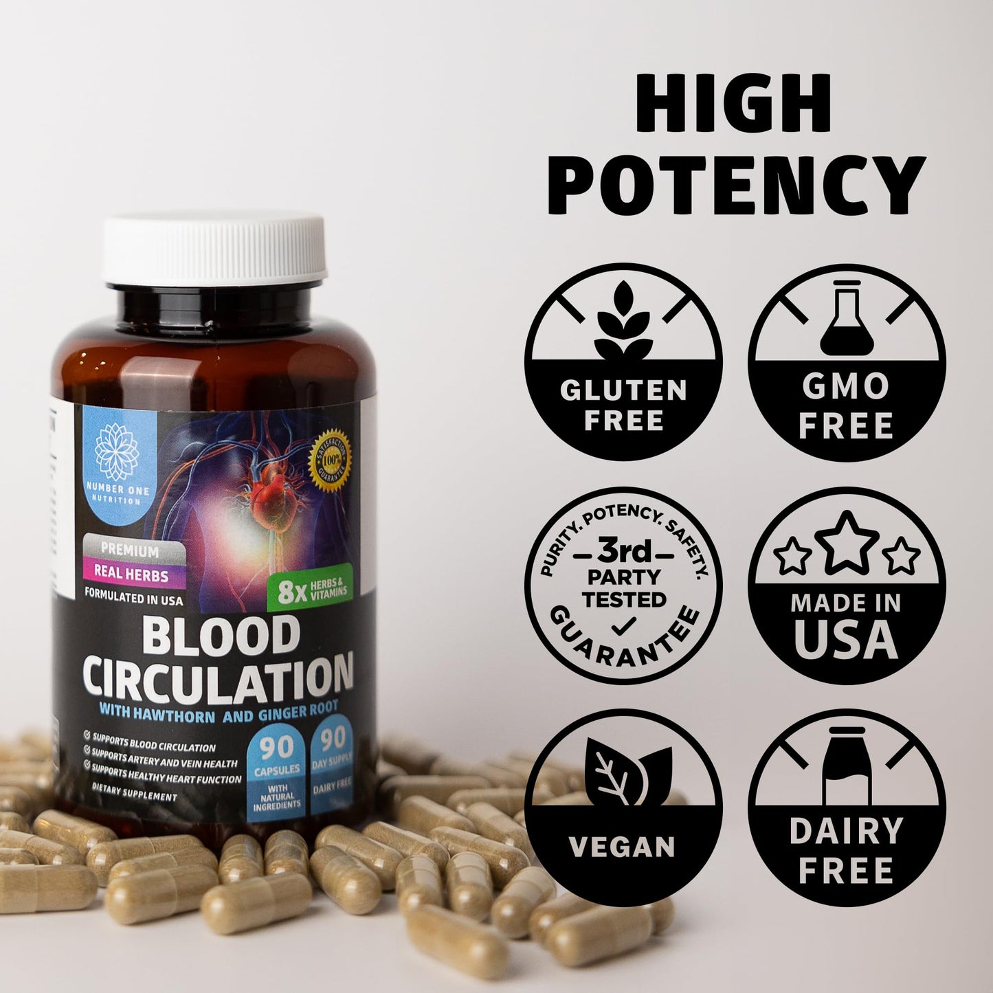 Number One Nutrition Blood Circulation Supplement for Women & Men – 90 Caps