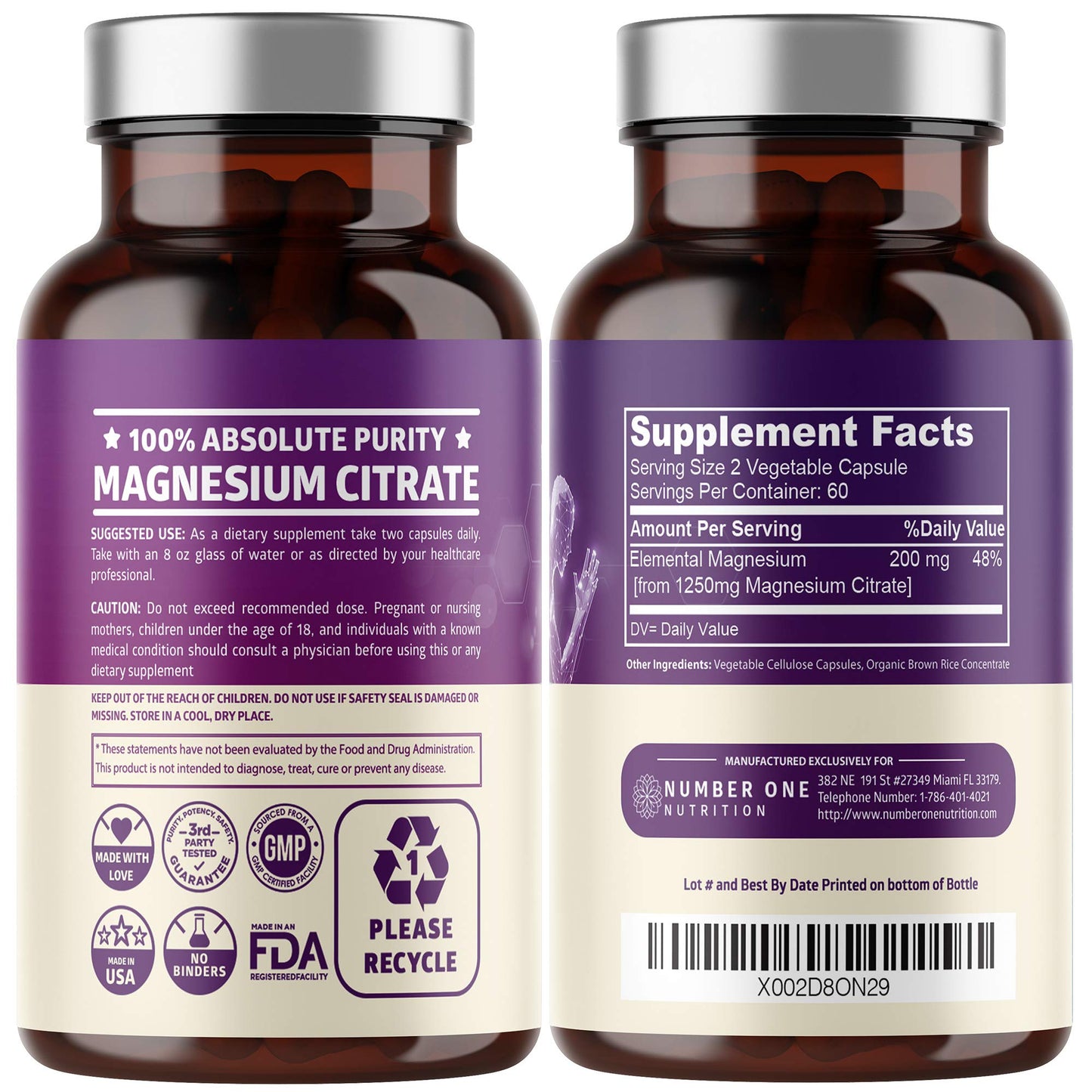 Pure Magnesium Citrate Capsules 1250mg | 120 Caps | Muscle & Digestive Support