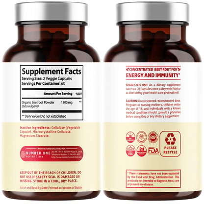 N1N Premium Organic Beet Root Capsules 1300mg – 120 Veg Caps | Non-GMO & Gluten Free