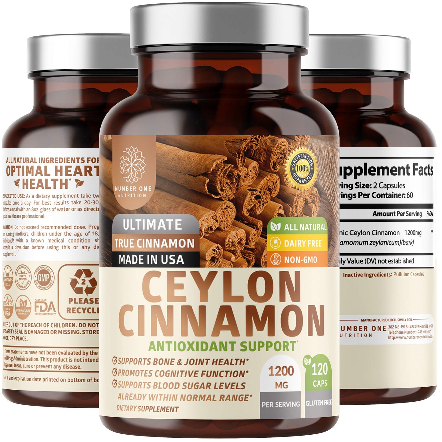 N1N Premium Ceylon Cinnamon 1200mg – 100% Organic Cinnamon Supplement | Supports Circulation, Brain & Joints | 120 Caps