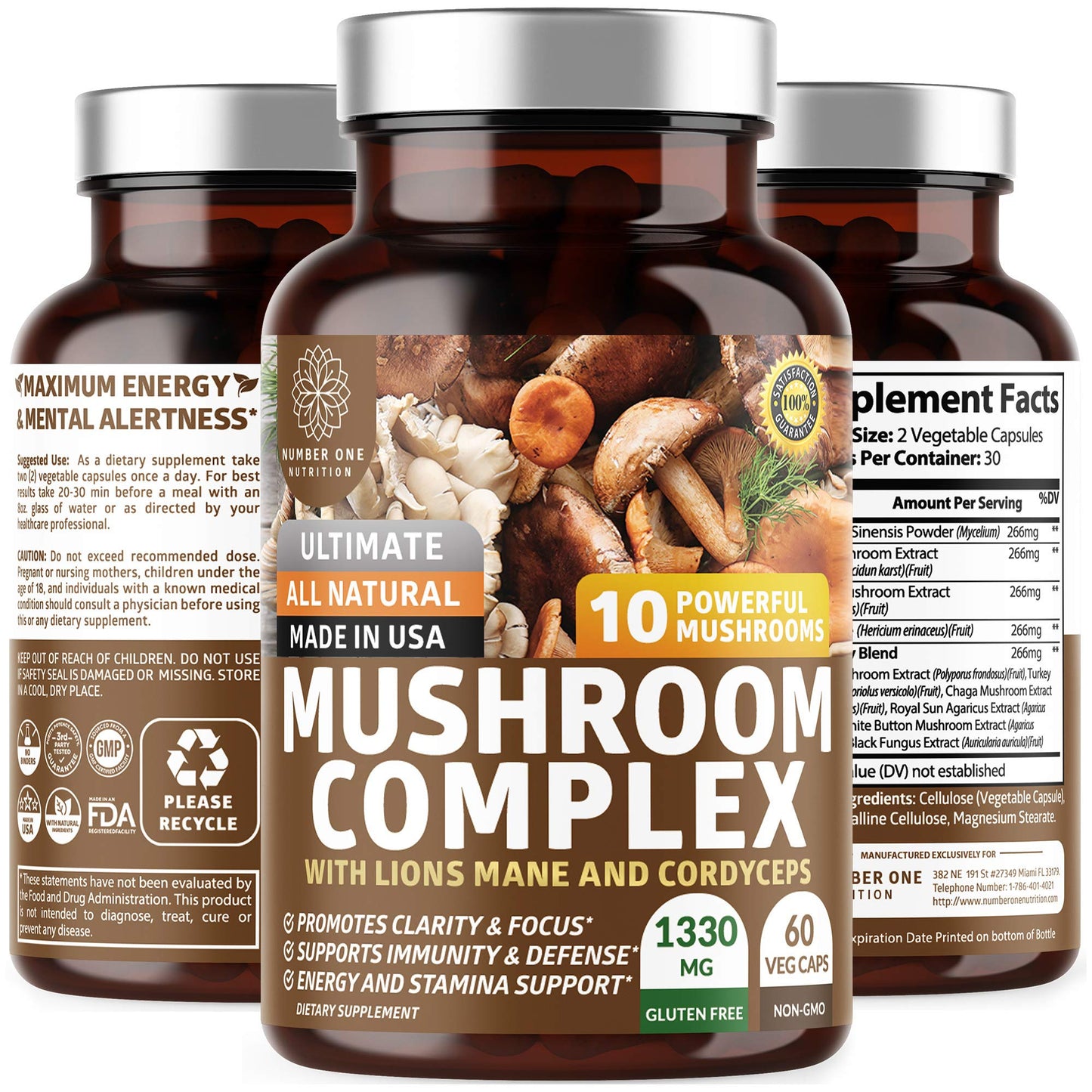 N1N Premium Mushroom Complex - 10x Powerful Mushrooms (Reishi, Lions Mane, Cordyceps, Chaga, Turkey Tail, Maitake) - 60 Veg Caps