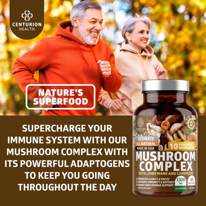 N1N Premium Mushroom Complex - 10x Powerful Mushrooms (Reishi, Lions Mane, Cordyceps, Chaga, Turkey Tail, Maitake) - 60 Veg Caps