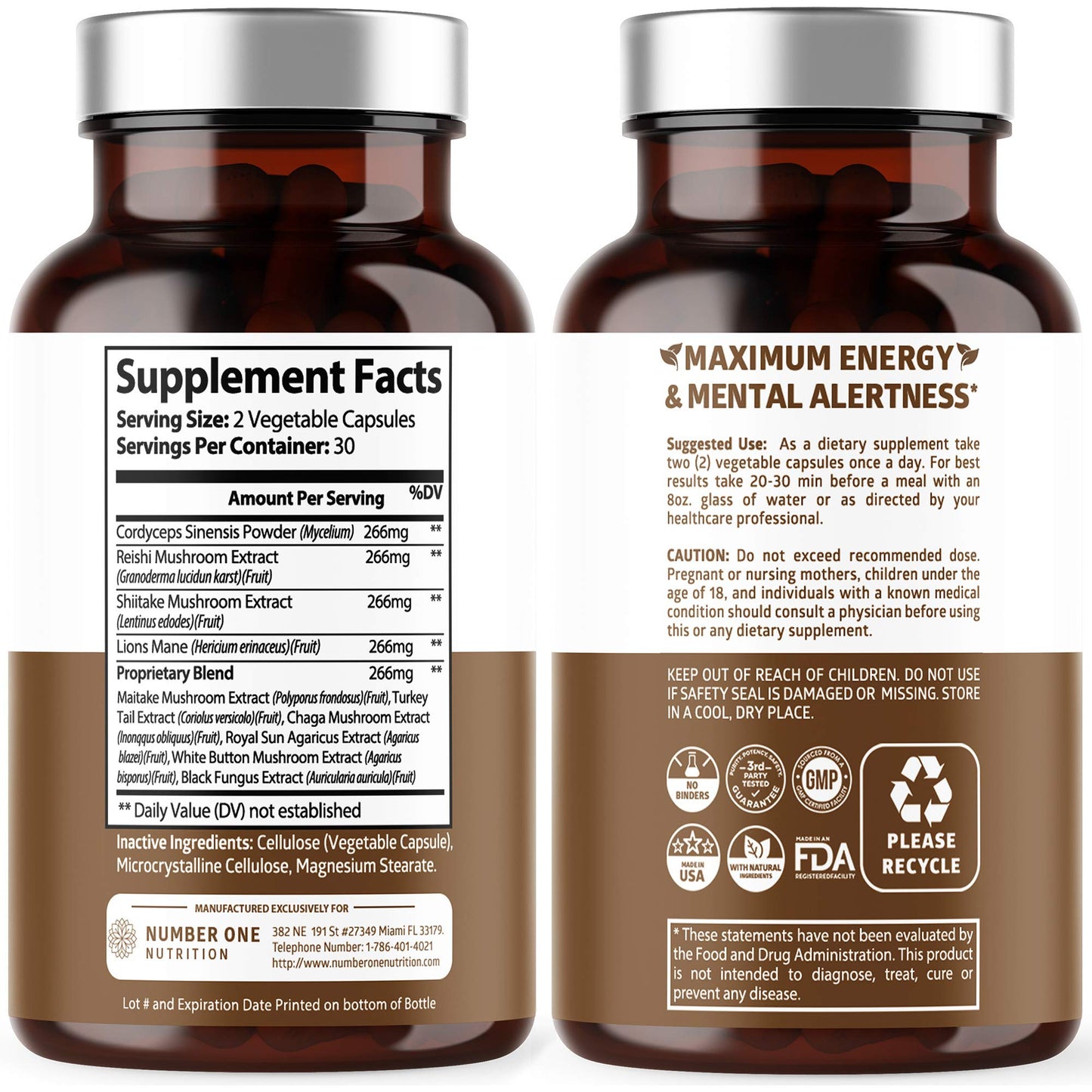 N1N Premium Mushroom Complex - 10x Powerful Mushrooms (Reishi, Lions Mane, Cordyceps, Chaga, Turkey Tail, Maitake) - 60 Veg Caps