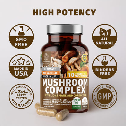 N1N Premium Mushroom Complex - 10x Powerful Mushrooms (Reishi, Lions Mane, Cordyceps, Chaga, Turkey Tail, Maitake) - 60 Veg Caps