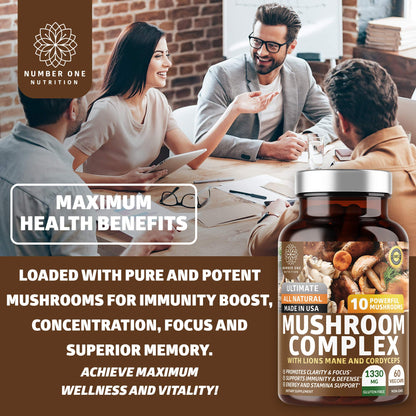N1N Premium Mushroom Complex: 10x Powerful Mushrooms for Immunity, Brain & Energy - 60 Veg Caps (Pack of 2)