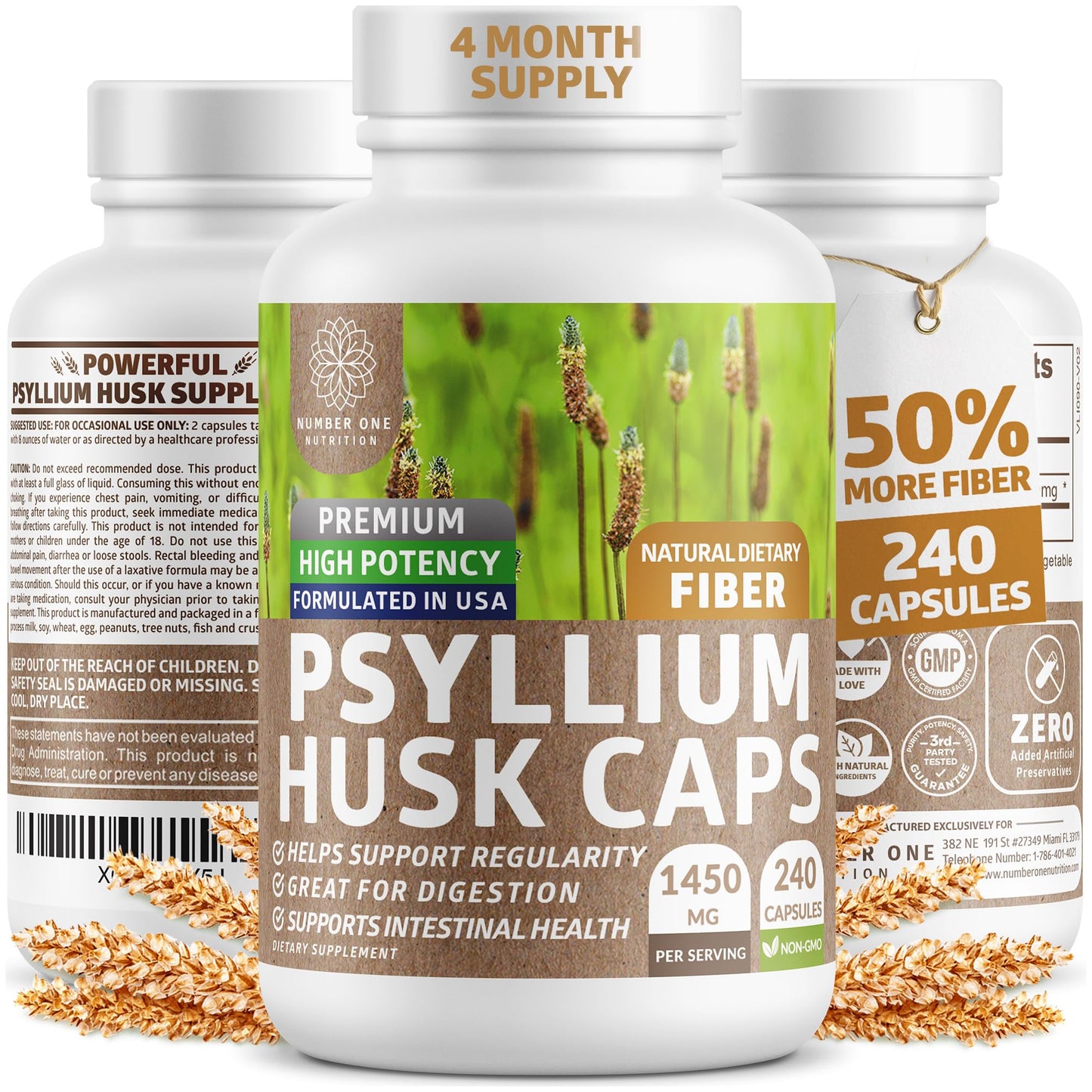 N1N Premium Psyllium Husk Capsules - 1450 MG All Natural Fiber | 240 Caps