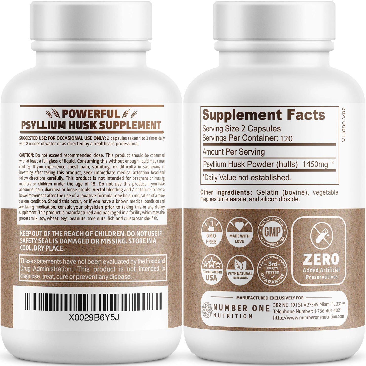 N1N Premium Psyllium Husk Capsules - 1450 MG All Natural Fiber | 240 Caps