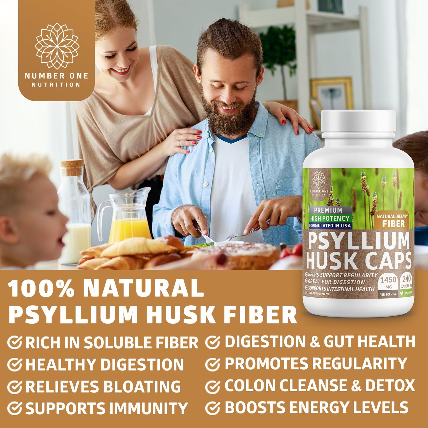 N1N Premium Psyllium Husk Capsules - 1450 MG All Natural Fiber | 240 Caps