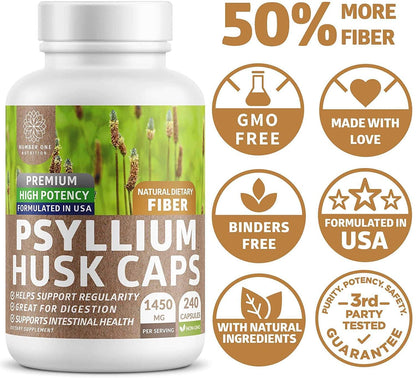 N1N Premium Psyllium Husk Capsules - 1450 MG All Natural Fiber | 240 Caps