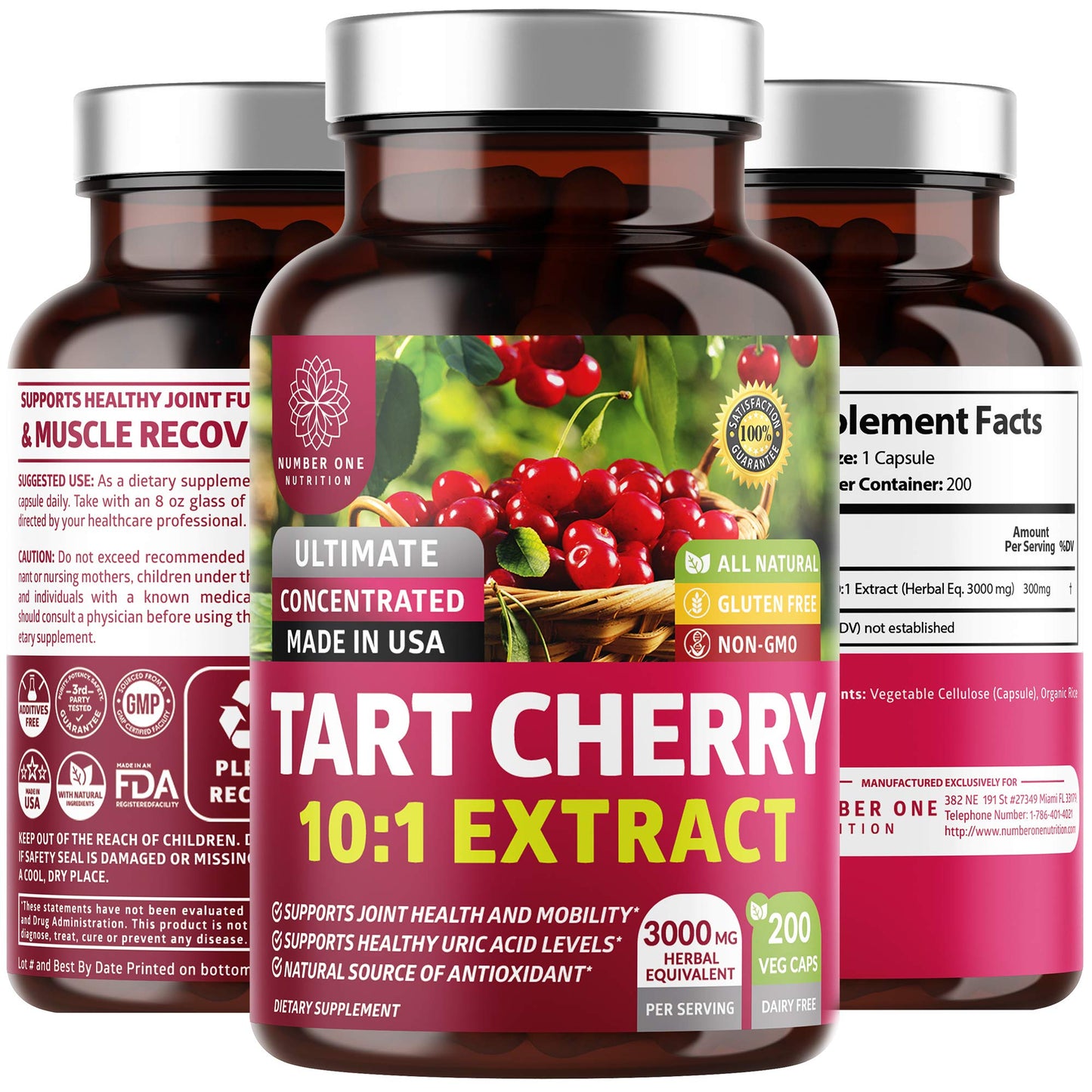 N1N Premium Tart Cherry Extract Capsules - 200 Veg Caps, 3000 mg | Joint Health & Antioxidant