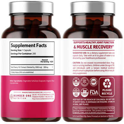 N1N Premium Tart Cherry Extract Capsules - 200 Veg Caps, 3000 mg | Joint Health & Antioxidant