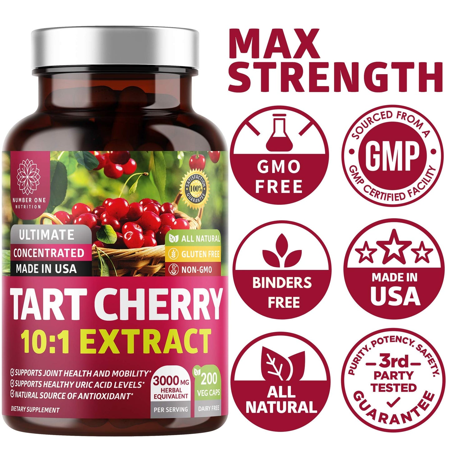 N1N Premium Tart Cherry Extract Capsules - 200 Veg Caps, 3000 mg | Joint Health & Antioxidant