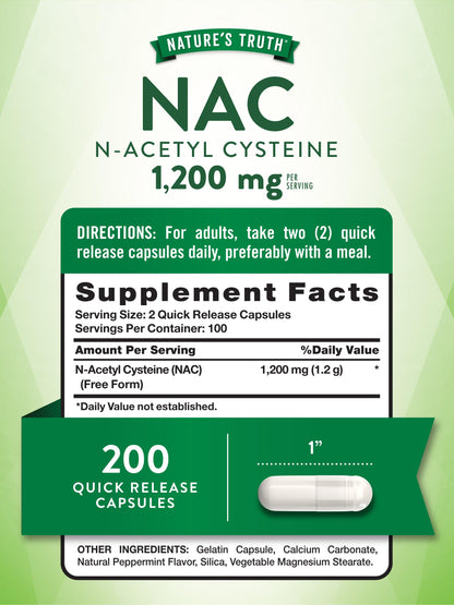 Nature's Truth NAC 1200mg N-Acetyl Cysteine - 200 Caps | Non-GMO, Gluten Free