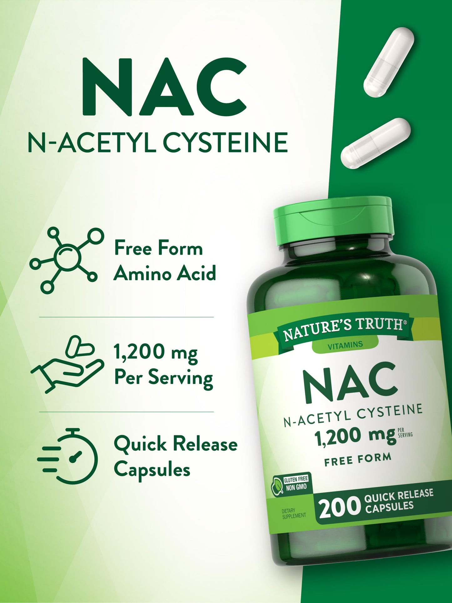Nature's Truth NAC 1200mg N-Acetyl Cysteine - 200 Caps | Non-GMO, Gluten Free