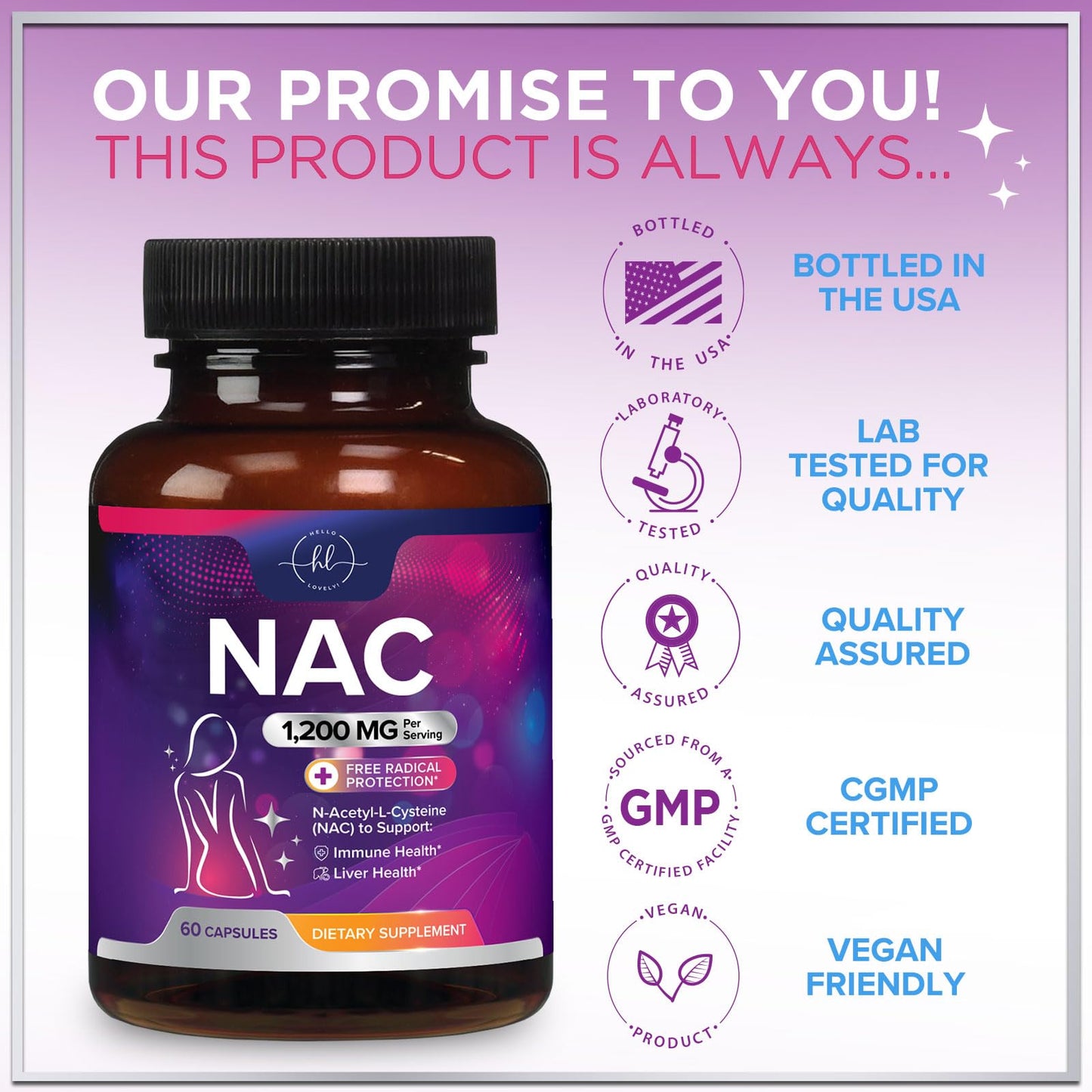 NAC 1200mg Supplement – Immune Support, Antioxidants, Liver & Lung Health | Made in USA, Vegan, Non-GMO, Gluten-Free | 60 Capsules