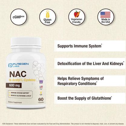 Puregen Labs NAC 600mg - Immune, Respiratory & Liver Support - 60 Veggie Capsules