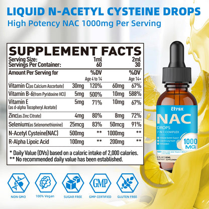 Liquid NAC Drops 1000mg with Alpha Lipoic Acid | Immune Support for Adults & Kids | 2 oz Lemon