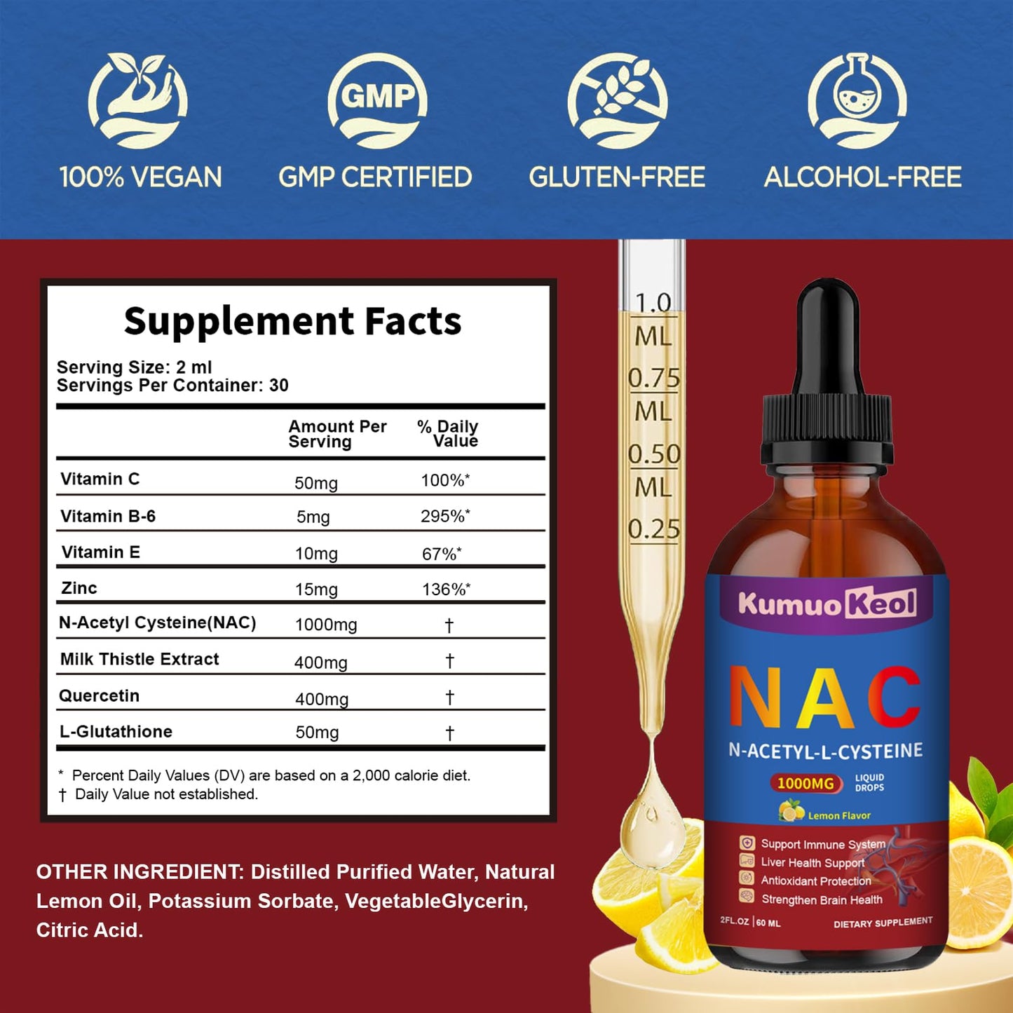 NAC 1000mg Drops with Quercetin & Zinc – N-Acetyl Cysteine Liquid (2 fl oz) for Adults & Kids
