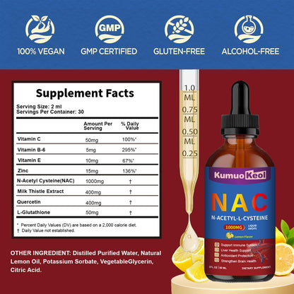 NAC 1000mg Drops with Quercetin & Zinc – N-Acetyl Cysteine Liquid (2 fl oz) for Adults & Kids