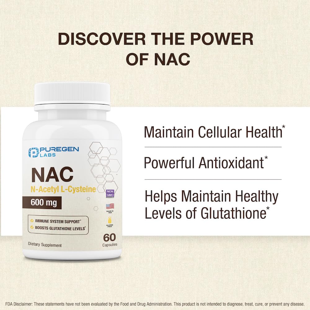 Puregen Labs NAC 600mg - Immune, Respiratory & Liver Support - 60 Veggie Capsules