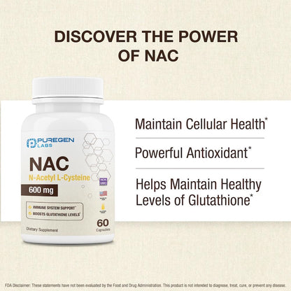 Puregen Labs NAC 600mg - Immune, Respiratory & Liver Support - 60 Veggie Capsules