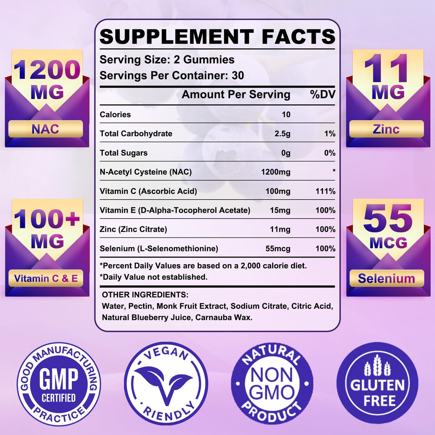 Sugar Free NAC Gummies 1200mg - N-Acetyl Cysteine Supplement with Selenium, Zinc, Vitamin C & E | 60 Count