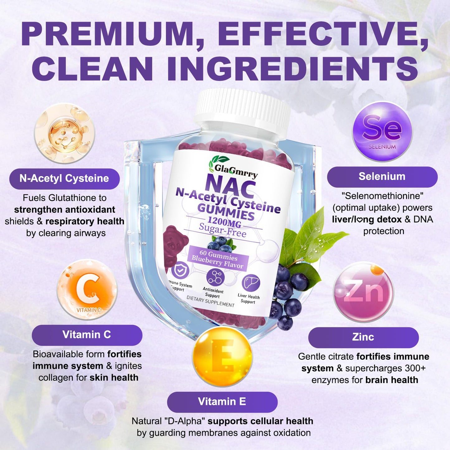 Sugar Free NAC Gummies 1200mg - N-Acetyl Cysteine Supplement with Selenium, Zinc, Vitamin C & E | 60 Count