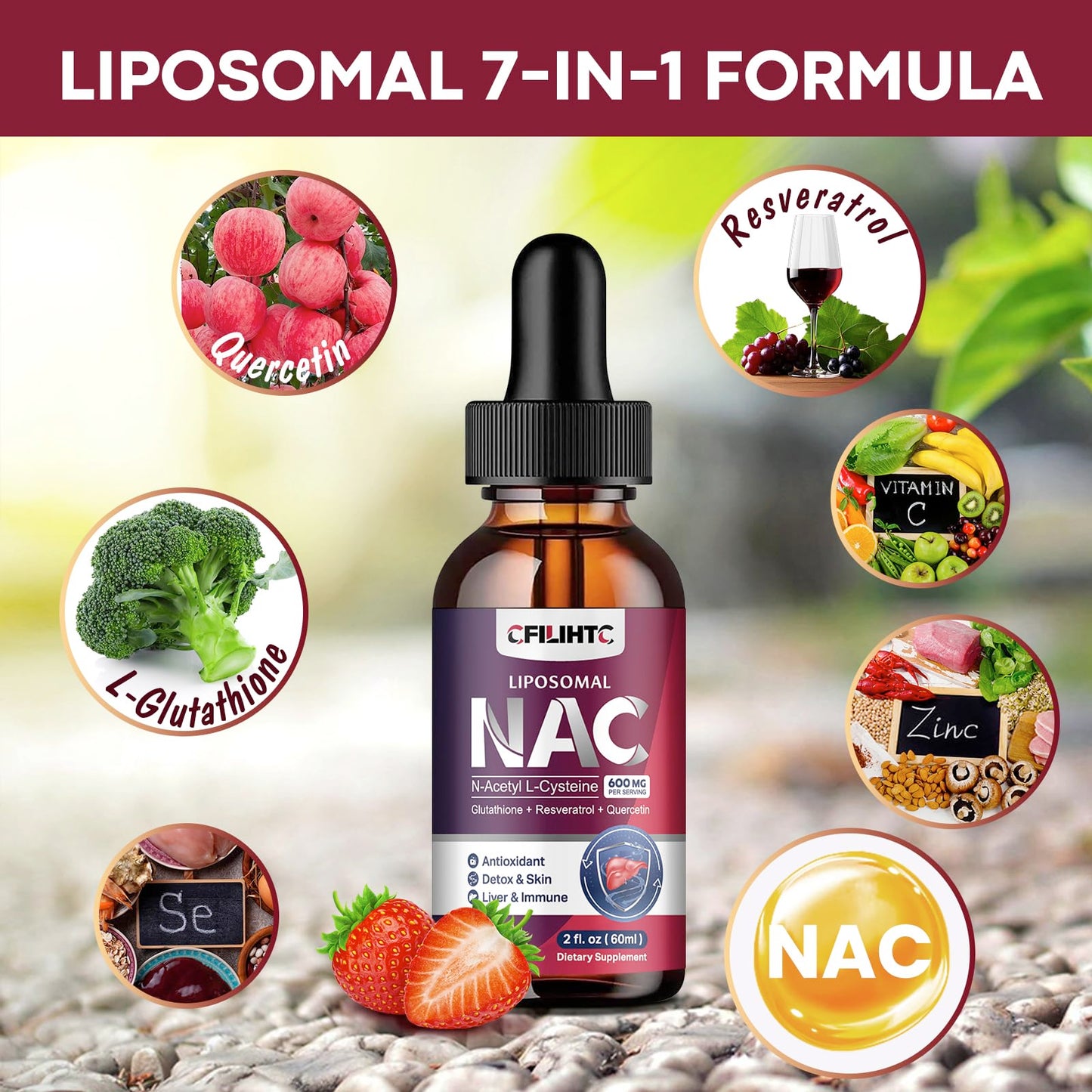 Liposomal NAC Liquid Drops – 600mg N-Acetyl Cysteine with Glutathione, Resveratrol & Zinc (Strawberry, 4 oz)