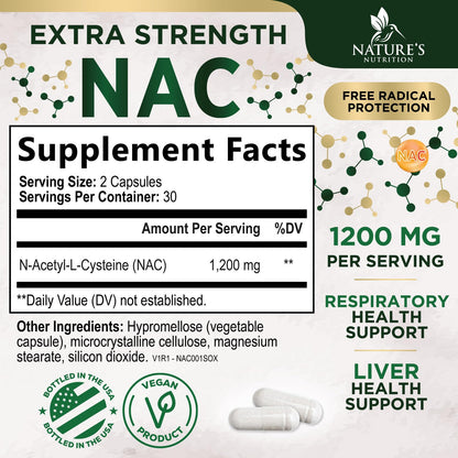 NAC Supplements N-Acetyl L-Cysteine (NAC) 1200 mg - NAC Supplement for Lung Health & Immune Support, Liver Support & Antioxidants, Freefrom N-Acetylcysteine, Gluten Free, Non-GMO, 60 Veggie Capsules