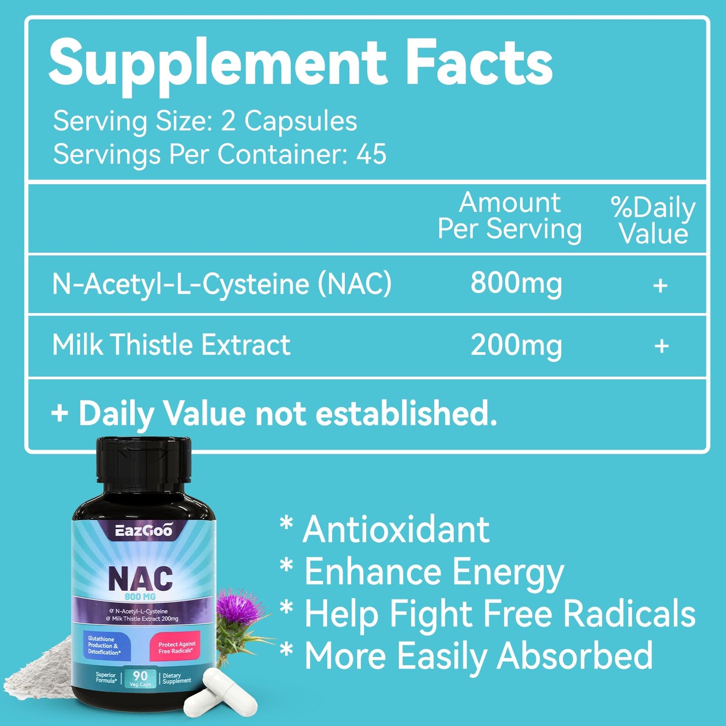 NAC 800mg + Milk Thistle 200mg Capsules – Antioxidant, 90 Count, Vegan