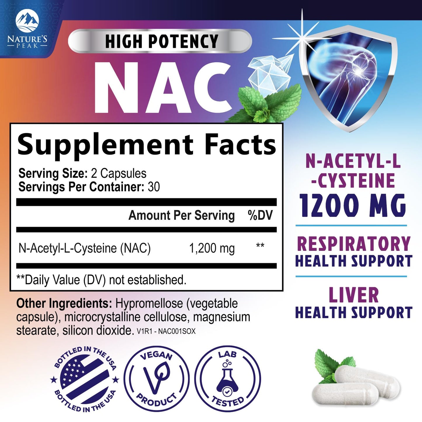 NAC 1200mg Supplement – Immune & Antioxidant Support | Liver & Lung Health – USA Made, 60 Caps