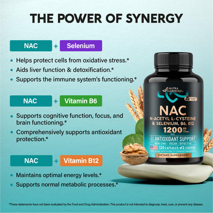 NAC Supplement with Selenium, B6 & B12 | Antioxidant & Immune Support | 1200 mg NAC per Serving | Made in USA