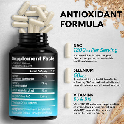 NAC Supplement with Selenium, B6 & B12 | Antioxidant & Immune Support | 1200 mg NAC per Serving | Made in USA