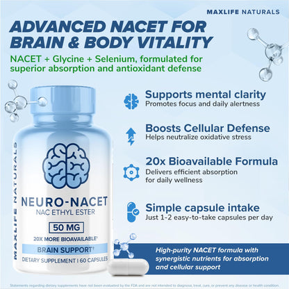 Neuro NACET 60 Capsules | Ethyl Ester NAC for Brain & Lung Support - MaxLife Naturals