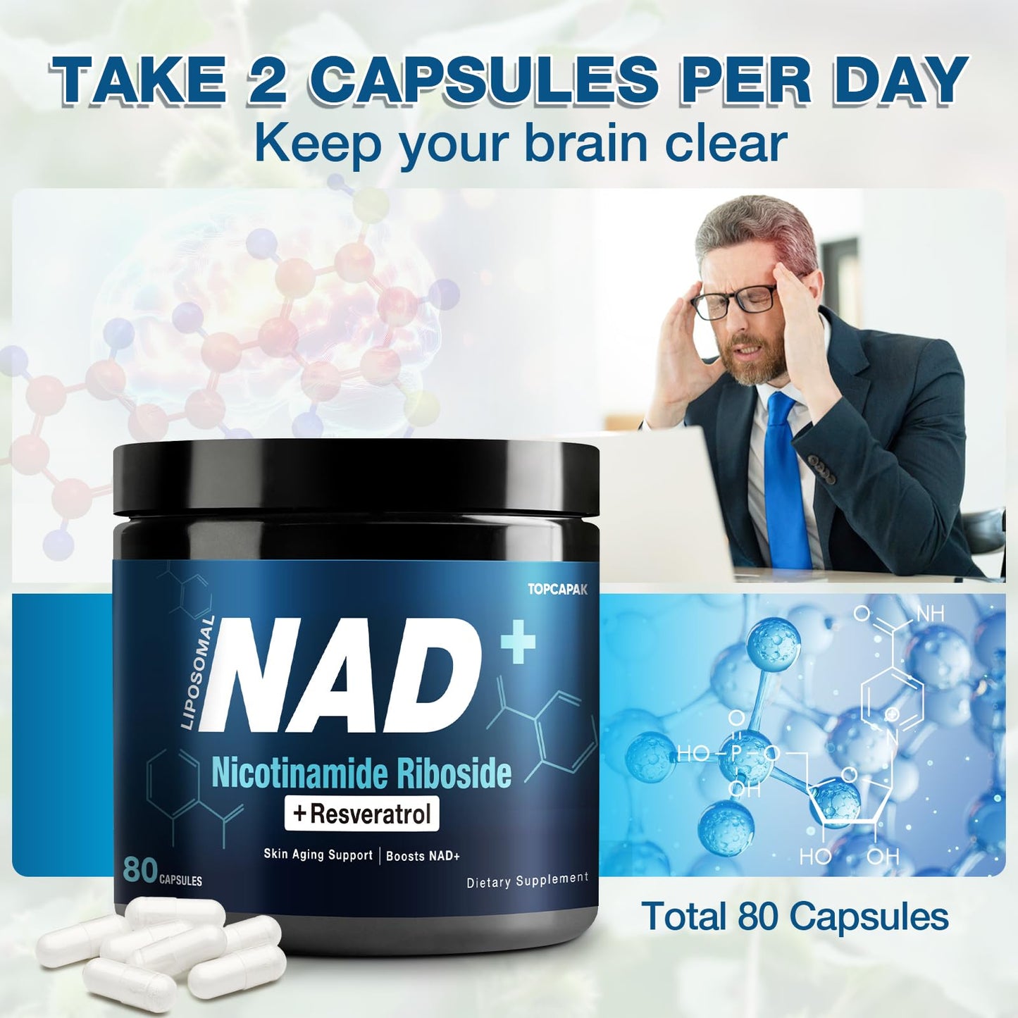NAD+ Supplement 1000mg NR & Resveratrol | Liposomal Organic NAD for Brain & Energy – 80 Capsules (2 Pcs)