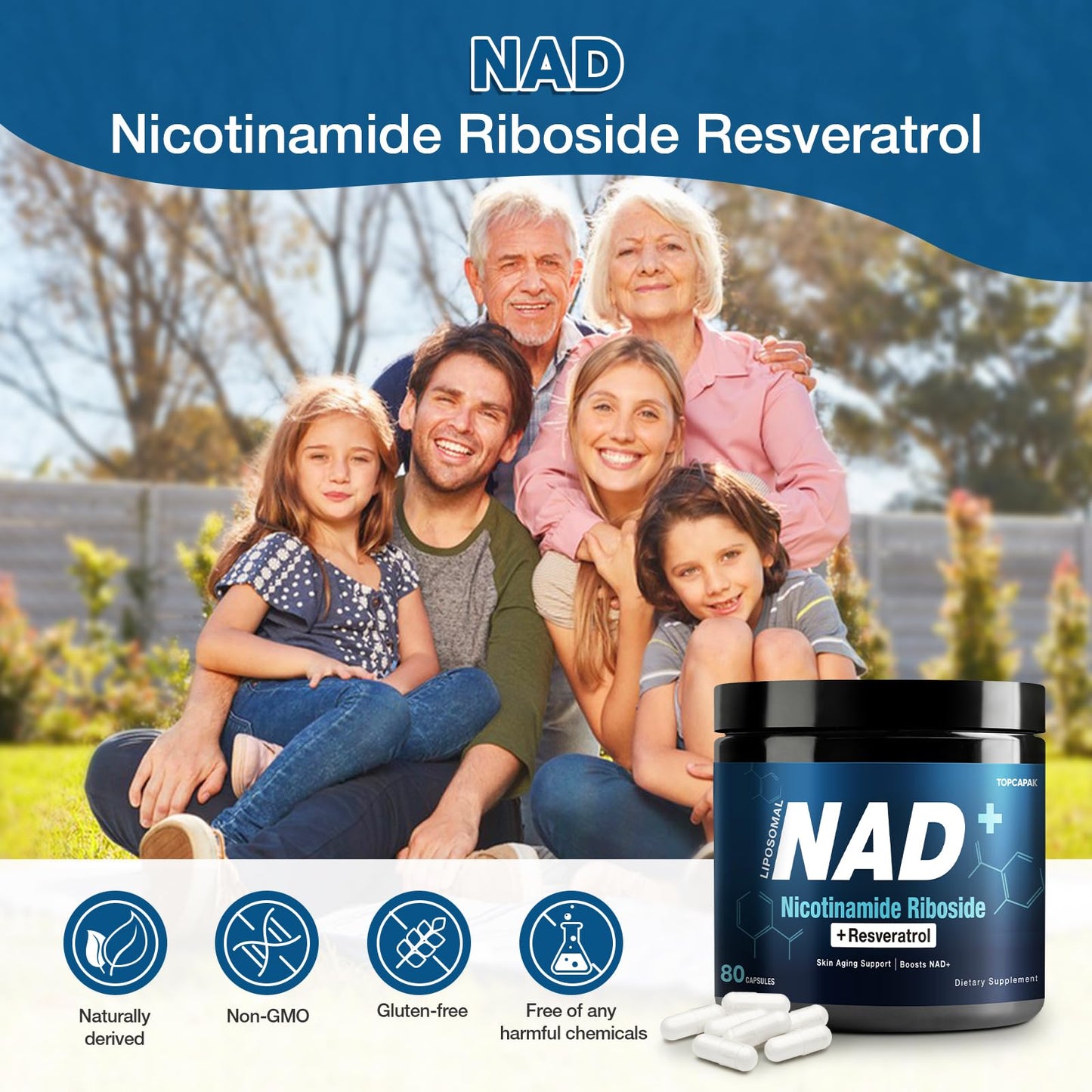 NAD+ Supplement 1000mg NR & Resveratrol | Liposomal Organic NAD for Brain & Energy – 80 Capsules (2 Pcs)