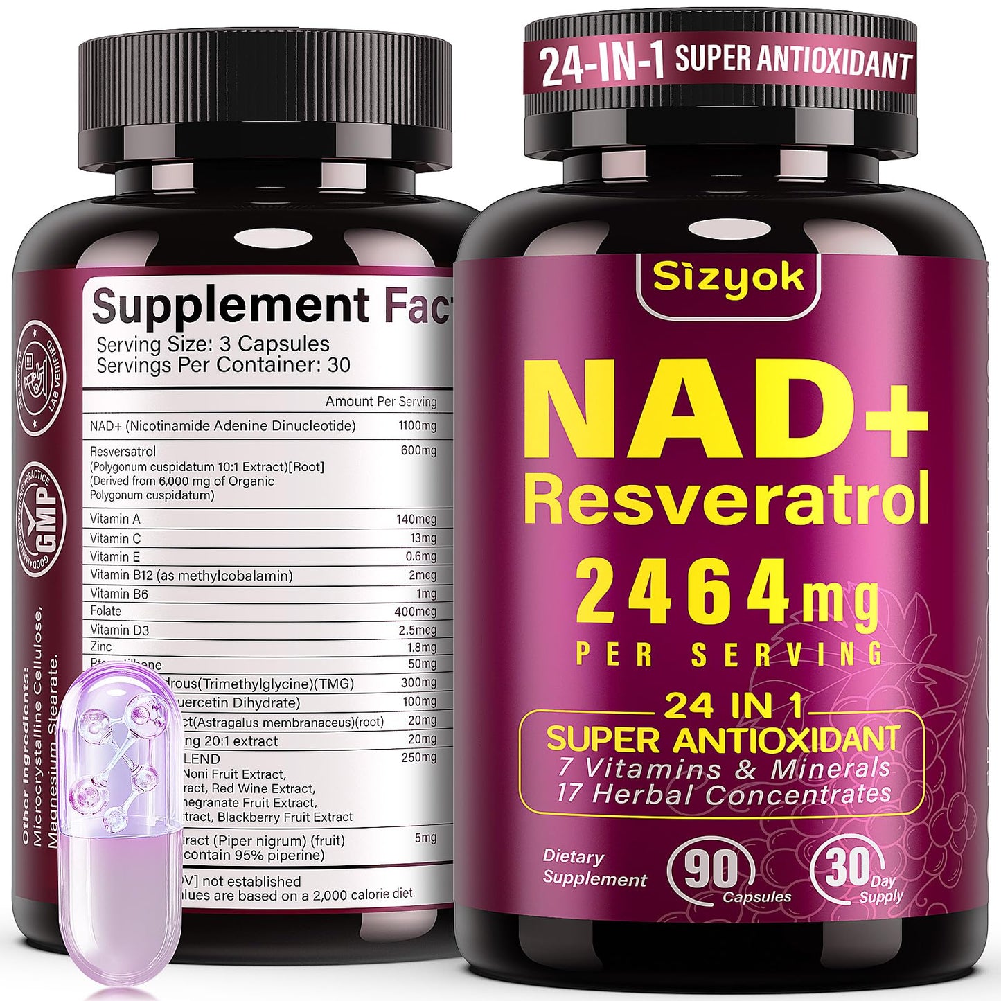 NAD Supplement 1100mg + Resveratrol 600mg | Liposomal NAD+ Capsules with Pterostilbene & Quercetin - Sizyok