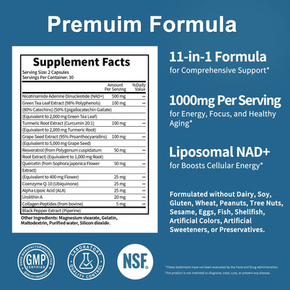 NAD Supplement 11-in-1 Extra Strength – Liposomal NAD with Resveratrol, CoQ10, Urolithin A, ALA & Turmeric – Supports Anti-Aging, Cellular Repair, Energy & Focus – for Women & Men – 60 Capsules