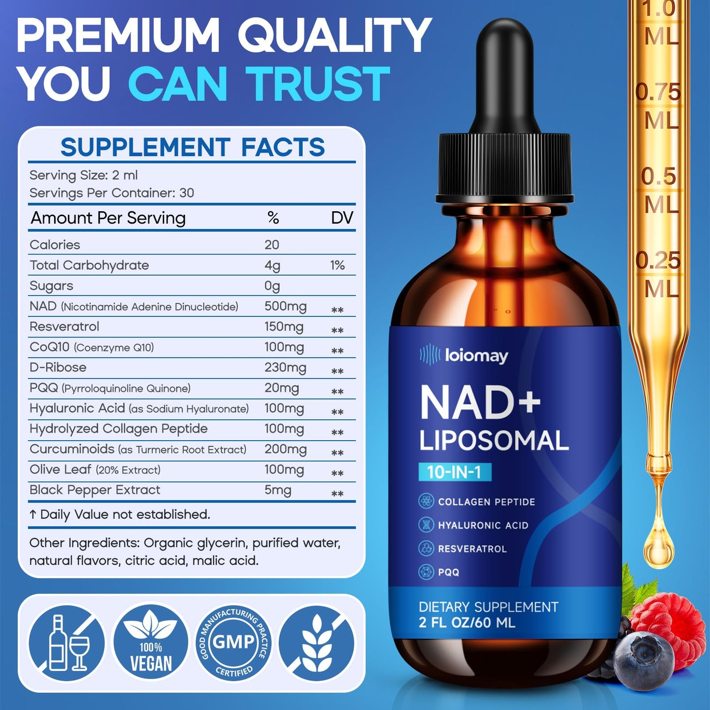 Liposomal NAD+ Liquid Drops 1500mg – Resveratrol, NR, PQQ, Collagen & Turmeric